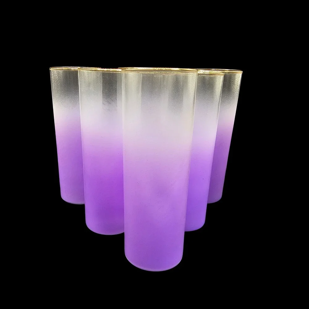 Vintage Blendo Frosted Ombre Purple‎ Pitcher & 6 Tumblers Gold Rim Barware Set